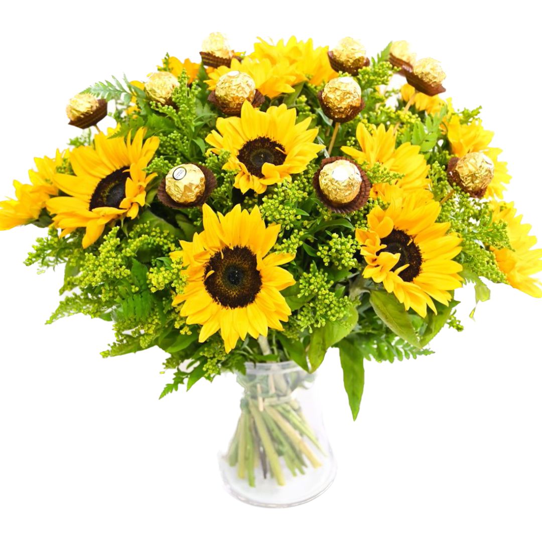 זר פרחים שקד - חמניות ושוקולד