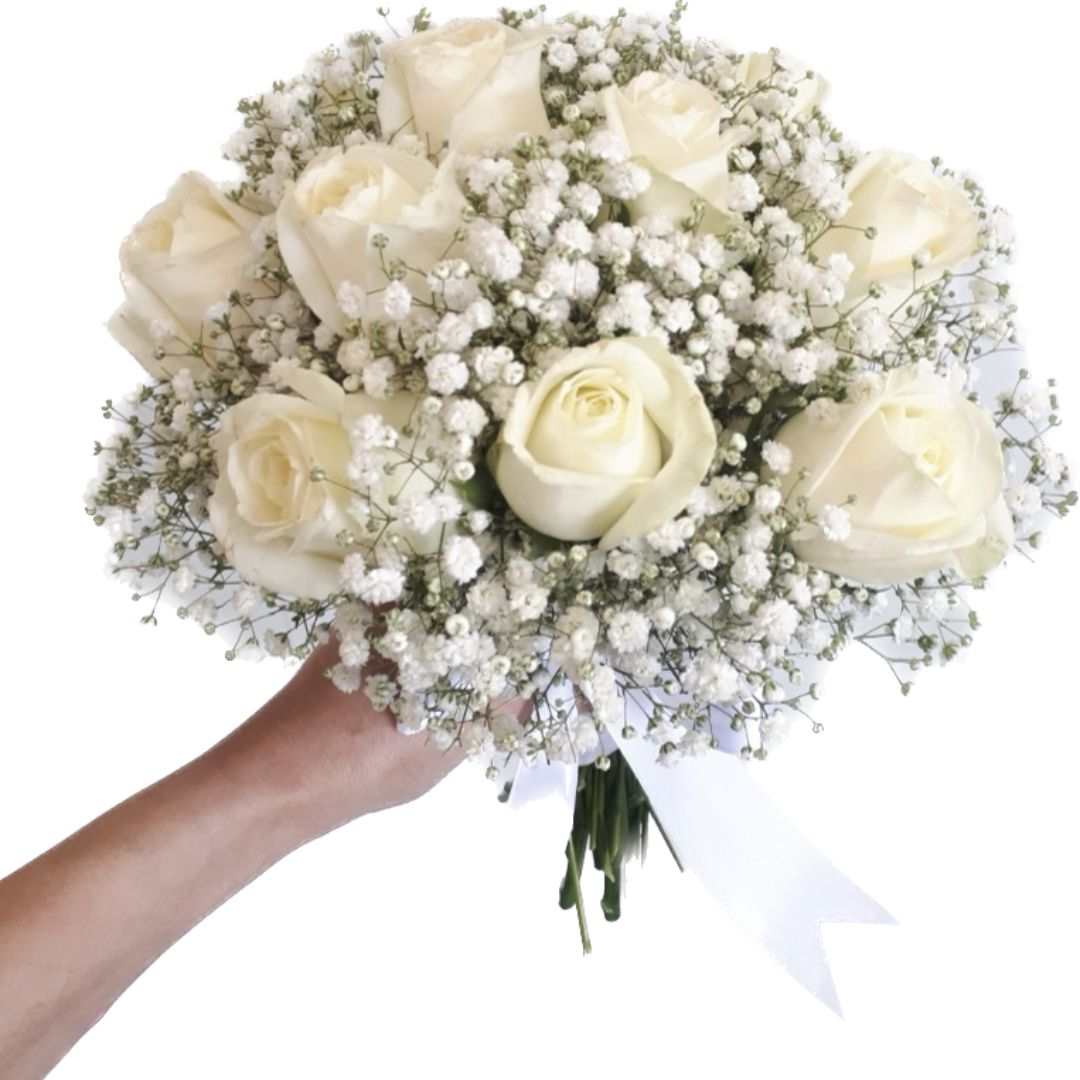 זר כלה גיבסניות לבנות וורדים